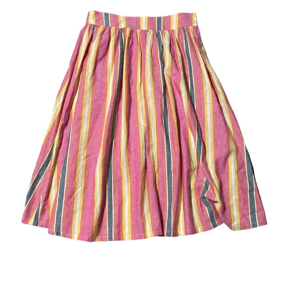 Sunrise stripe A-Line Button-front linen multi colored striped retro midi skirt - Picture 4 of 8